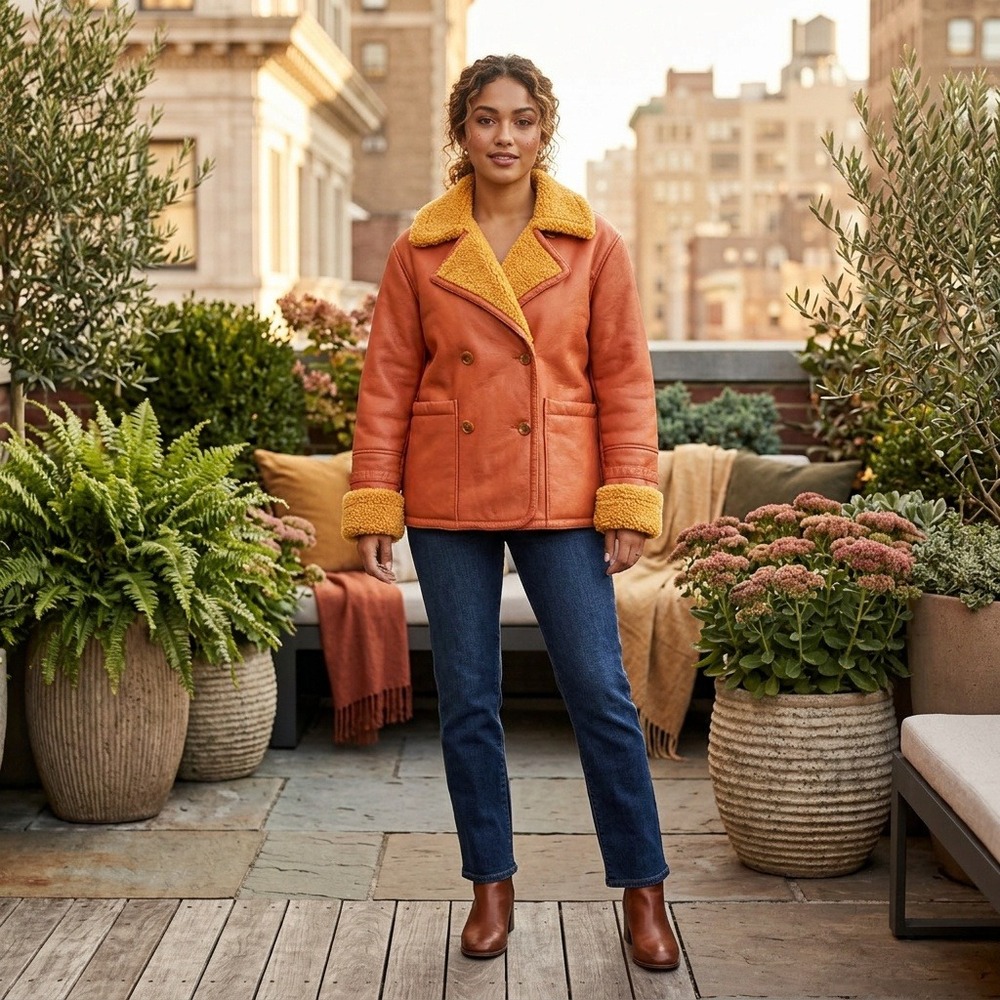 Free People We The Free Kaja Vegan Leather Sherpa Peacoat Orange Women's Large